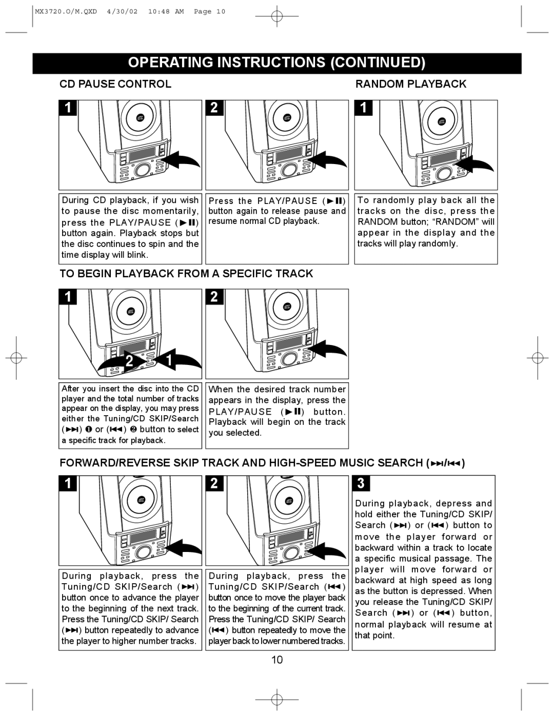 Memorex MX3720 manual CD Pause Control, To Begin Playback from a Specific Track 