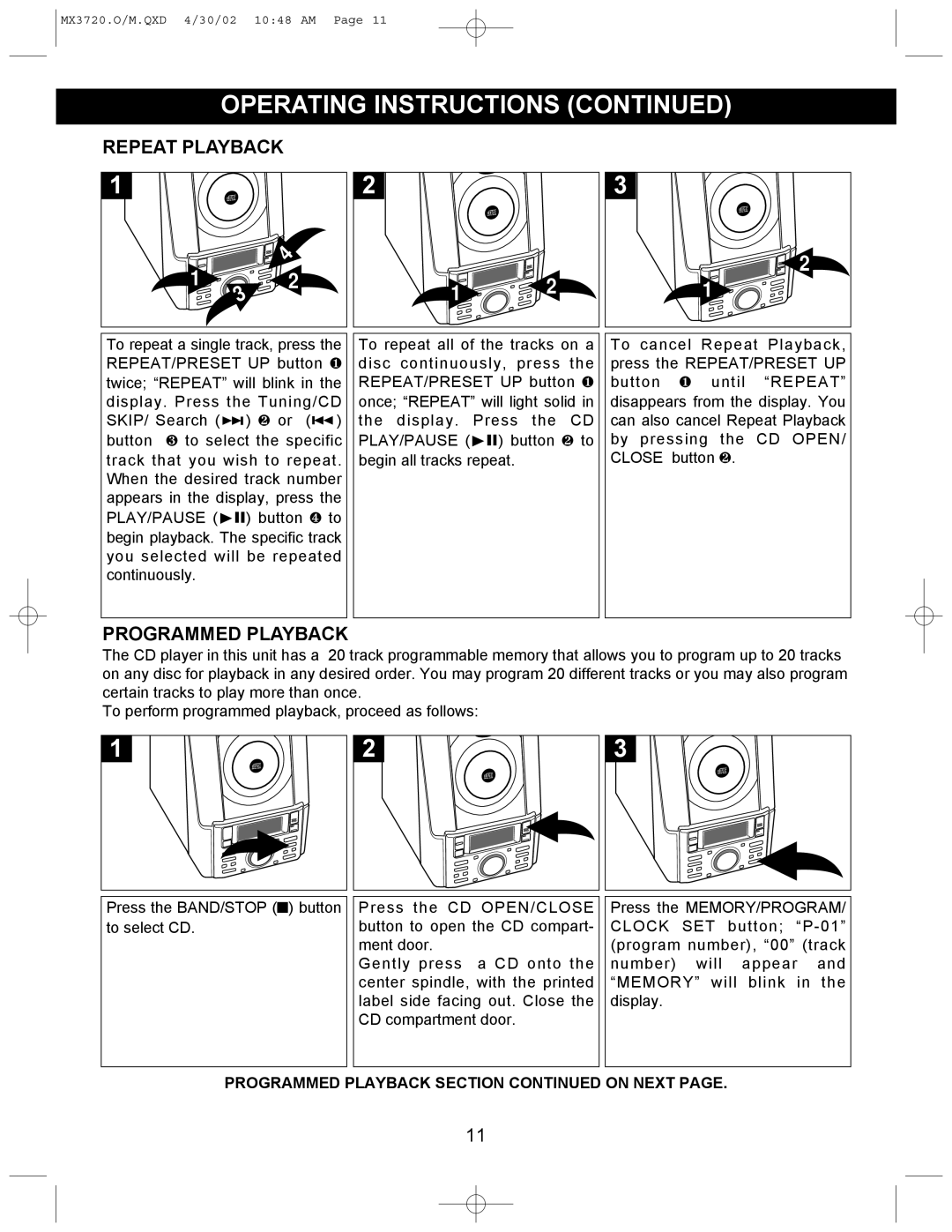 Memorex MX3720 manual Repeat Playback, Programmed Playback 