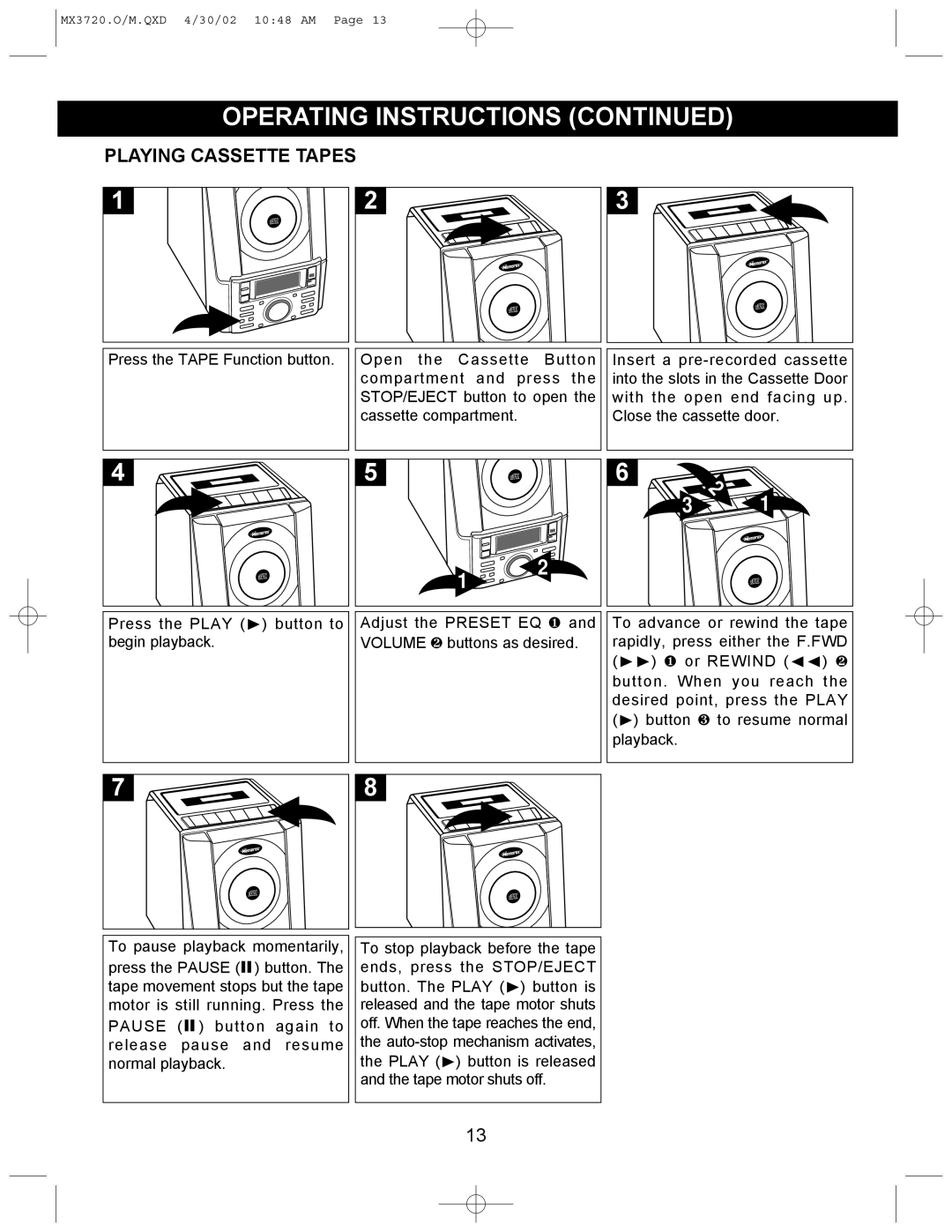 Memorex MX3720 manual Playing Cassette Tapes 