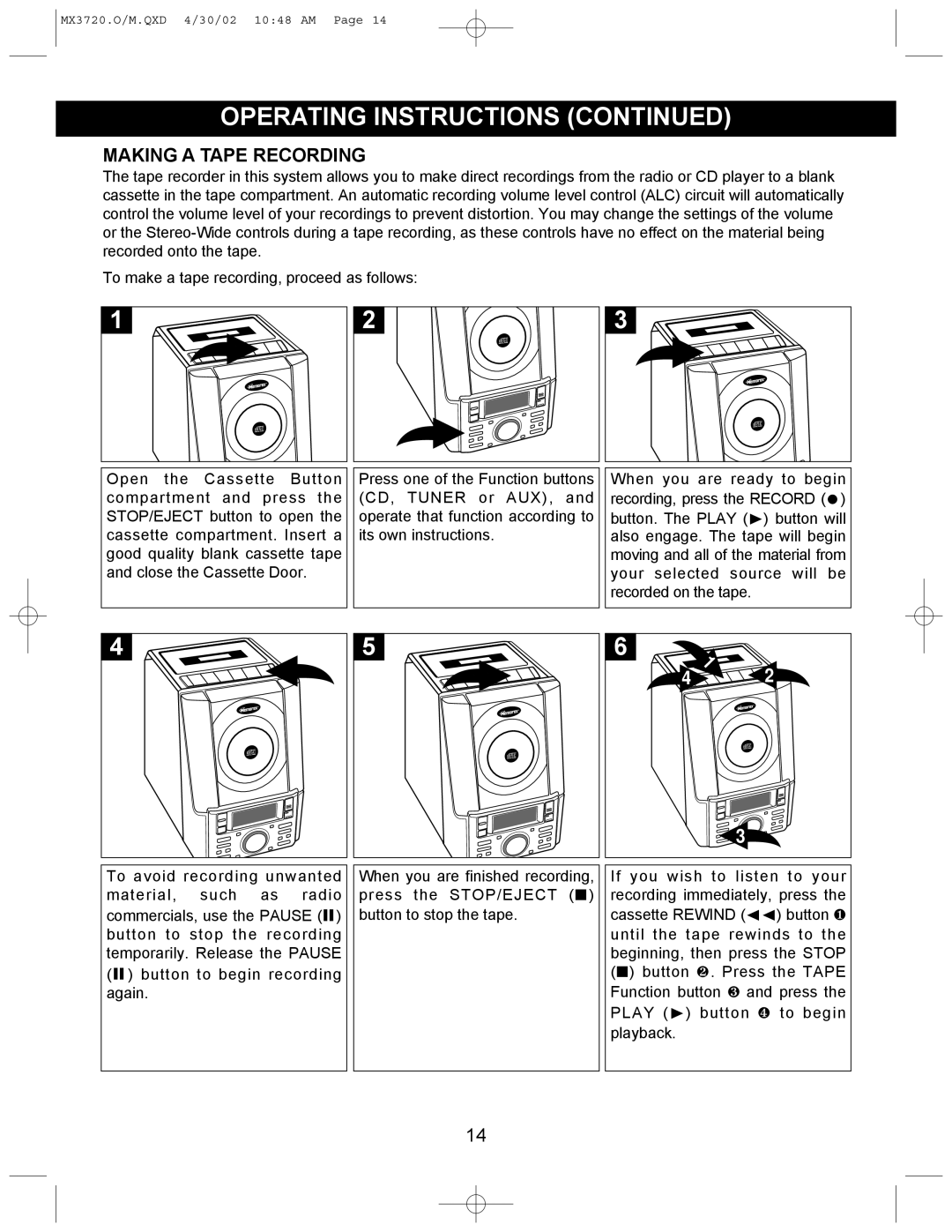 Memorex MX3720 manual Making a Tape Recording 