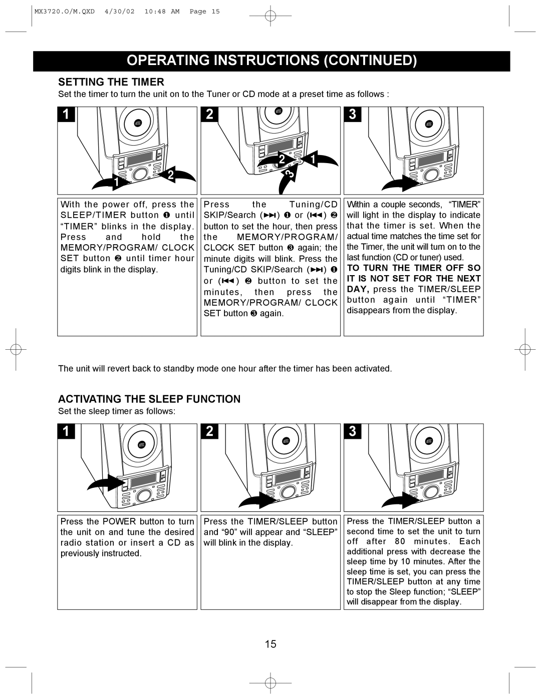 Memorex MX3720 manual Setting the Timer, Activating the Sleep Function 