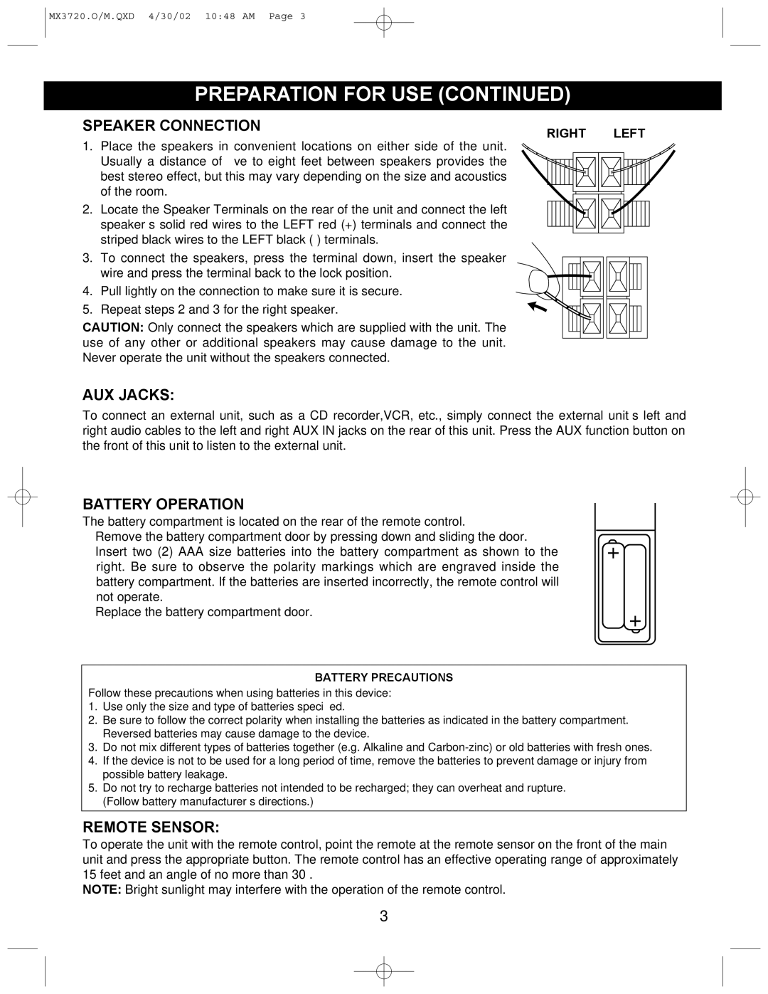 Memorex MX3720 manual Preparation for USE, Speaker Connection, AUX Jacks, Battery Operation, Remote Sensor 