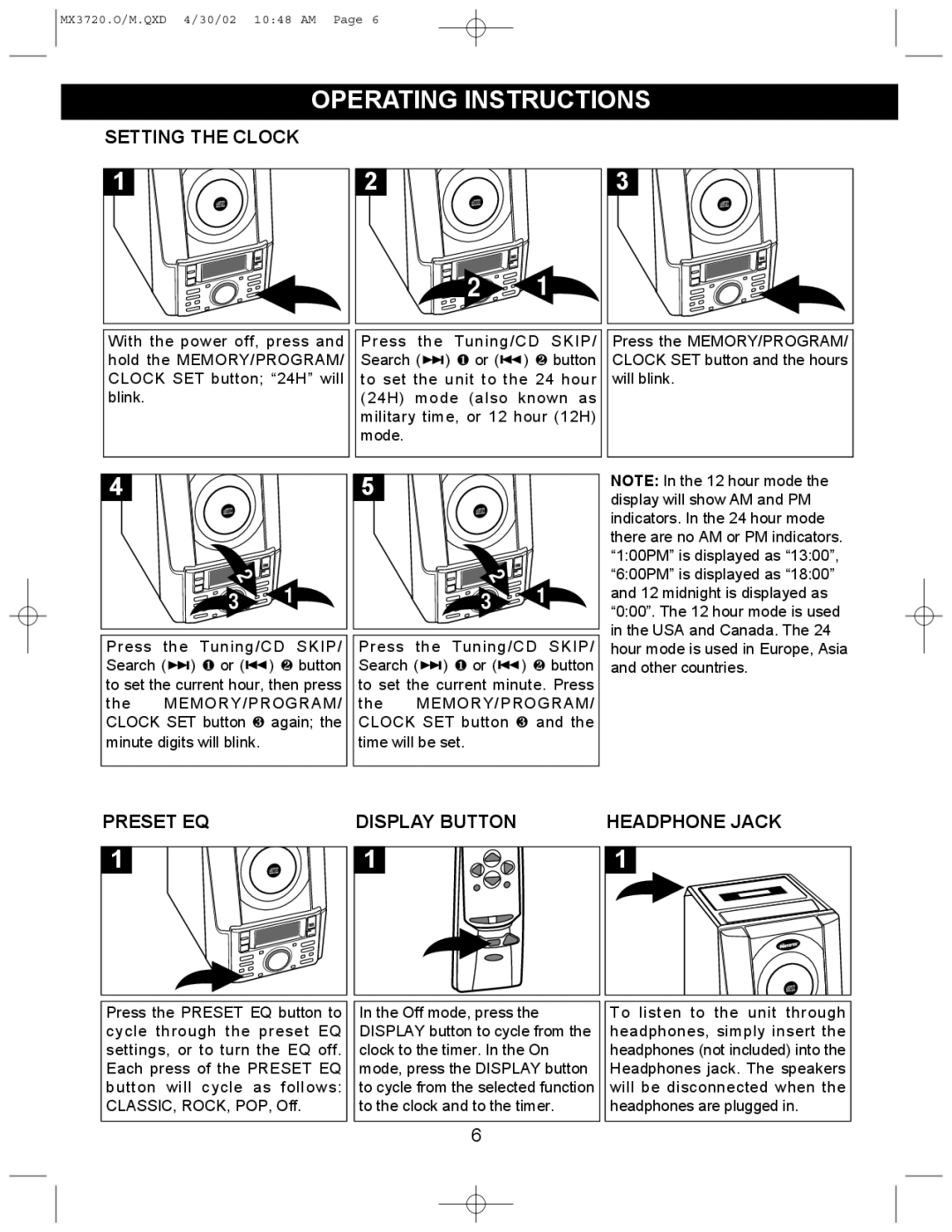 Memorex MX3720 manual Operating Instructions, Setting the Clock, Preset EQ Display Button 