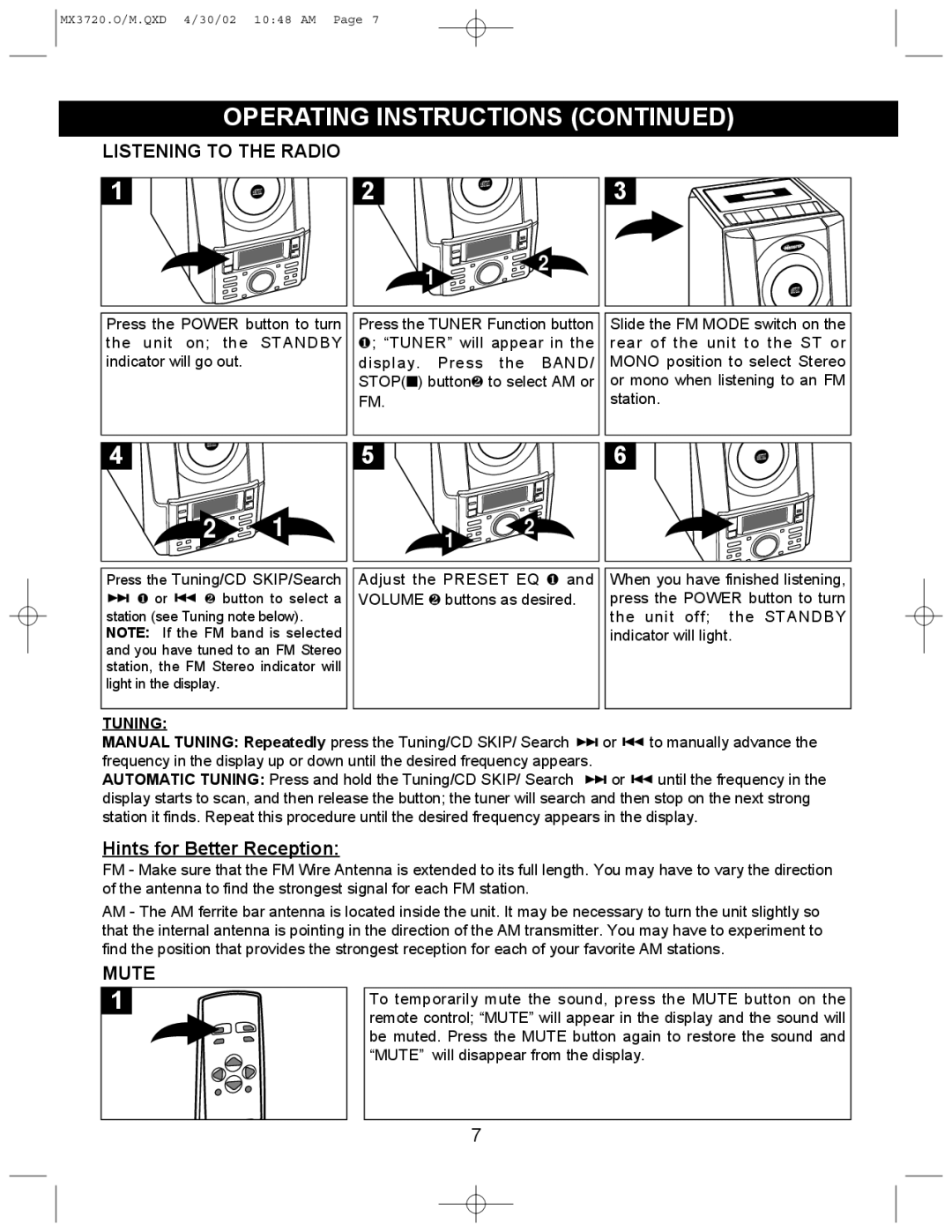 Memorex MX3720 manual Listening to the Radio, Tuning 