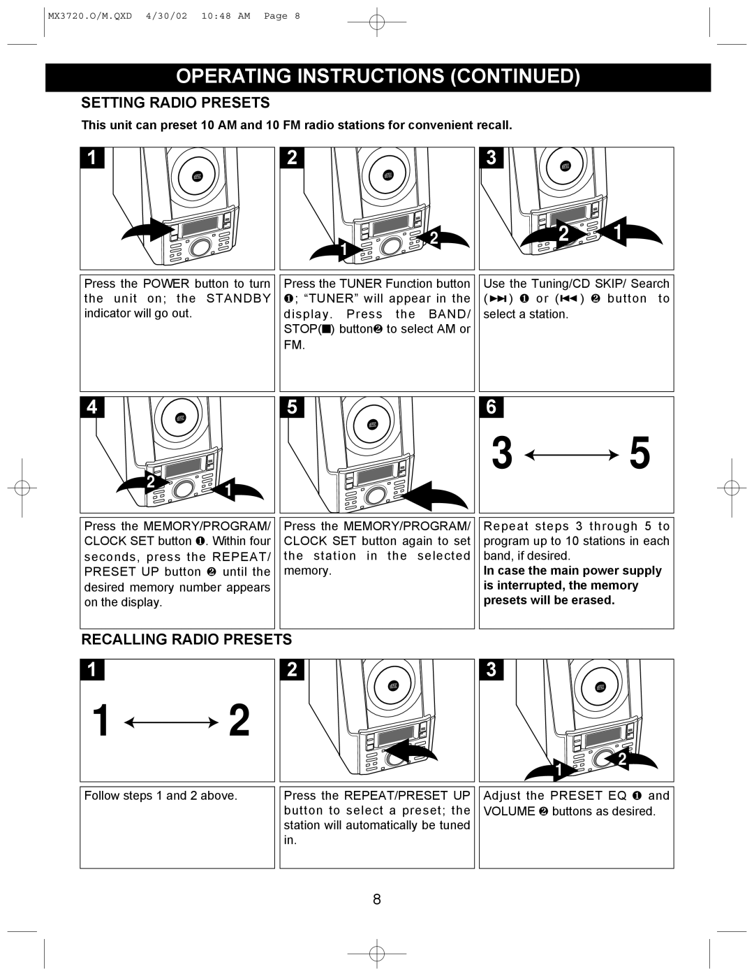 Memorex MX3720 manual Setting Radio Presets, Recalling Radio Presets 