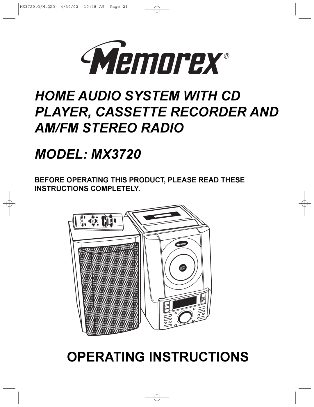 Memorex manual MODEL MX3720, Operating Instructions, MX3720.O/M.QXD 4/30/02 10 48 AM Page 