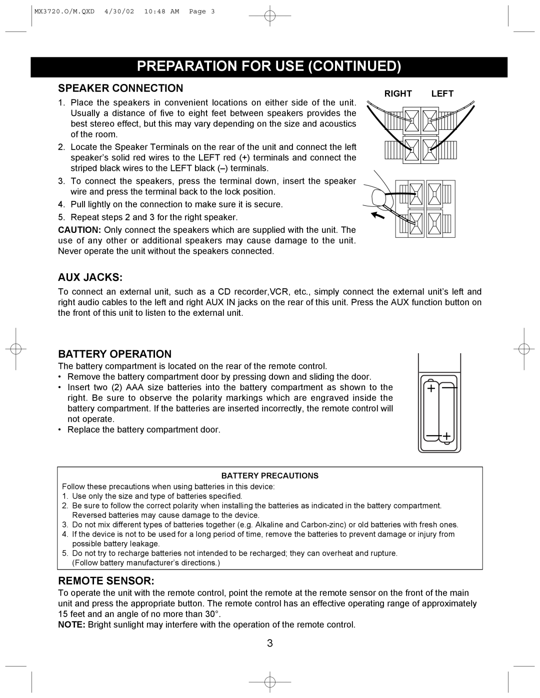 Memorex MX3720 manual Preparation For Use Continued, Speaker Connection, Aux Jacks, Battery Operation, Remote Sensor, +- -+ 