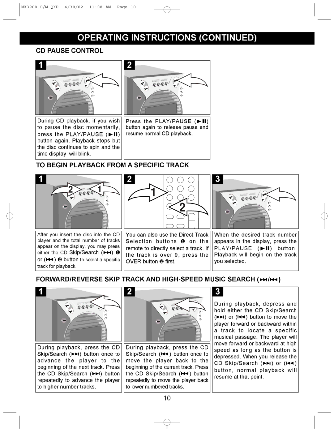 Memorex MX3900 operating instructions CD Pause Control, To Begin Playback from a Specific Track 