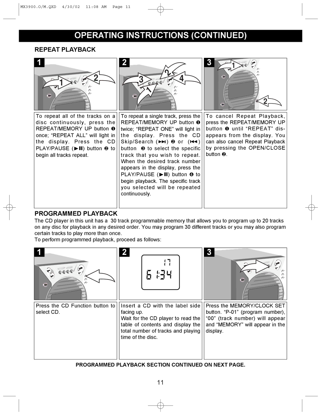 Memorex MX3900 operating instructions Repeat Playback, Programmed Playback 