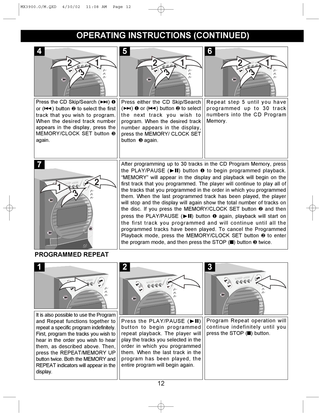 Memorex MX3900 operating instructions Programmed Repeat 