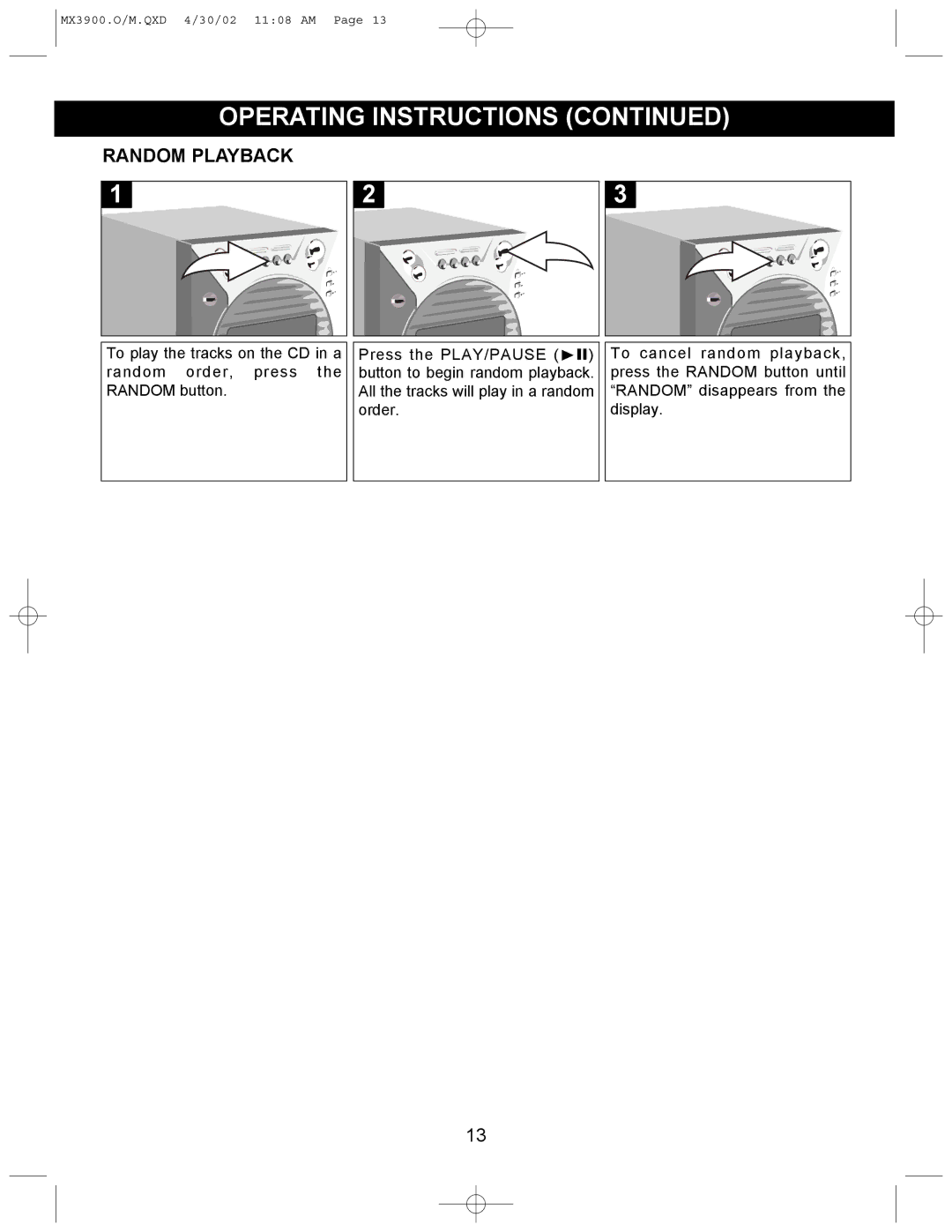 Memorex MX3900 operating instructions Random Playback 