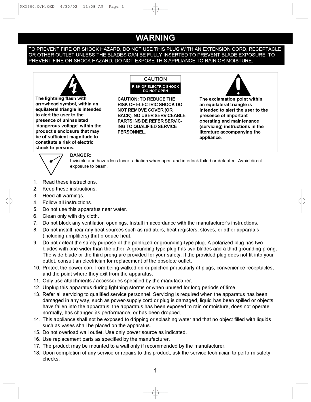 Memorex MX3900 operating instructions Risk of Electric Shock Do not Open 