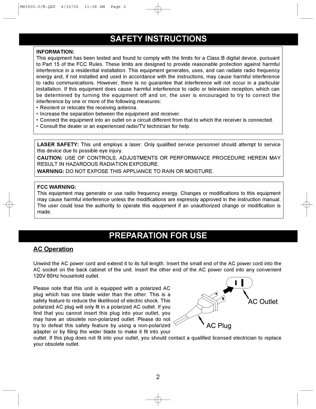 Memorex MX3900 operating instructions Safety Instructions, Information 