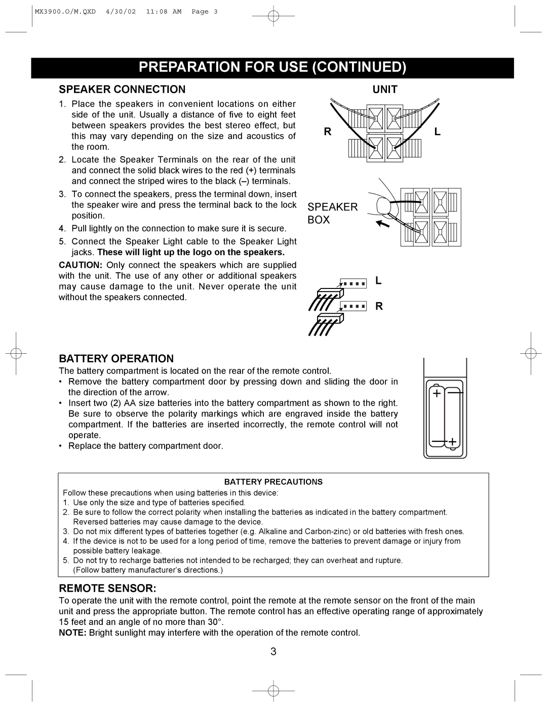 Memorex MX3900 operating instructions Preparation for USE, Speaker Connection, Unit Battery Operation, Remote Sensor 