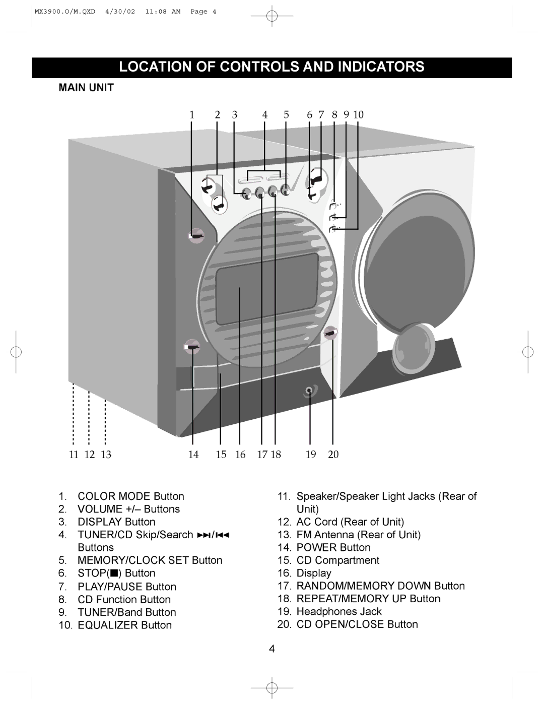 Memorex MX3900 operating instructions Location of Controls and Indicators, Main Unit 