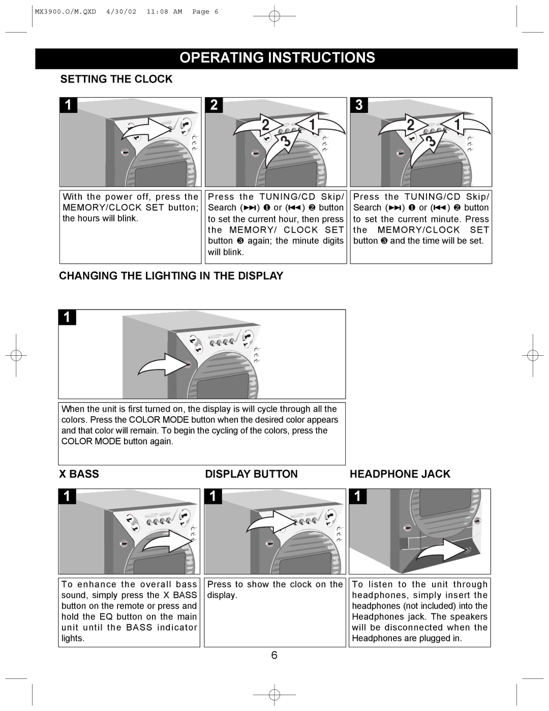 Memorex MX3900 operating instructions Operating Instructions, Setting the Clock, Changing the Lighting in the Display, Bass 