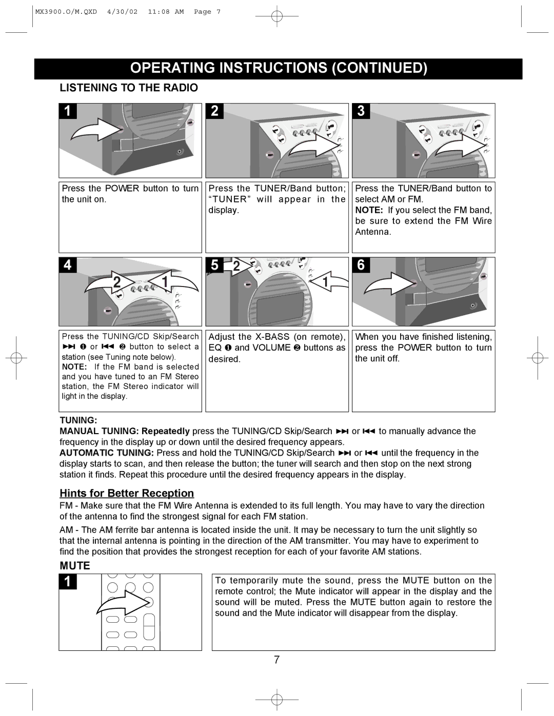 Memorex MX3900 operating instructions Listening to the Radio, Tuning 