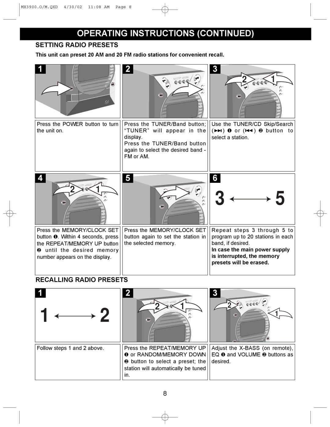 Memorex MX3900 operating instructions Setting Radio Presets, Recalling Radio Presets 