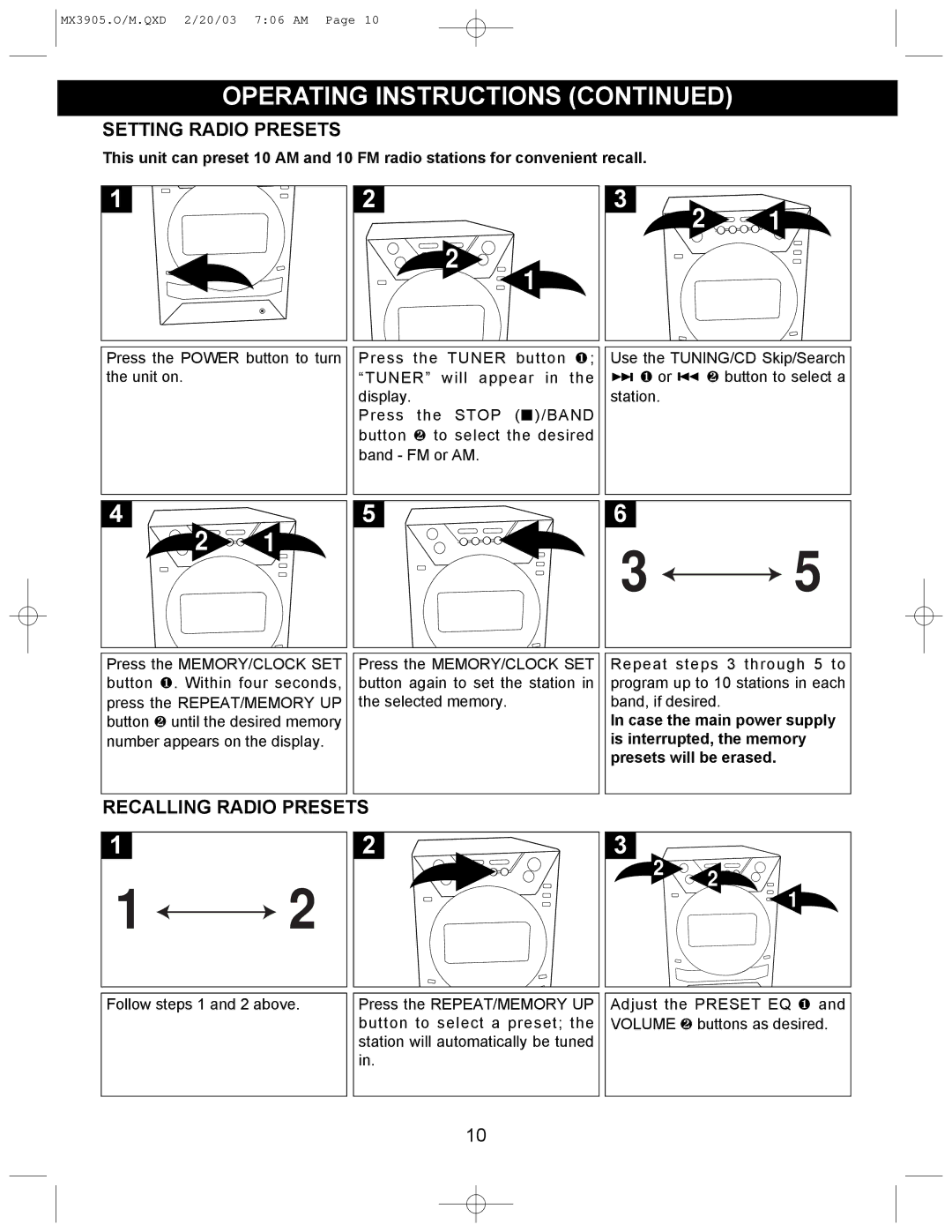 Memorex MX3905 manual Setting Radio Presets, Recalling Radio Presets 