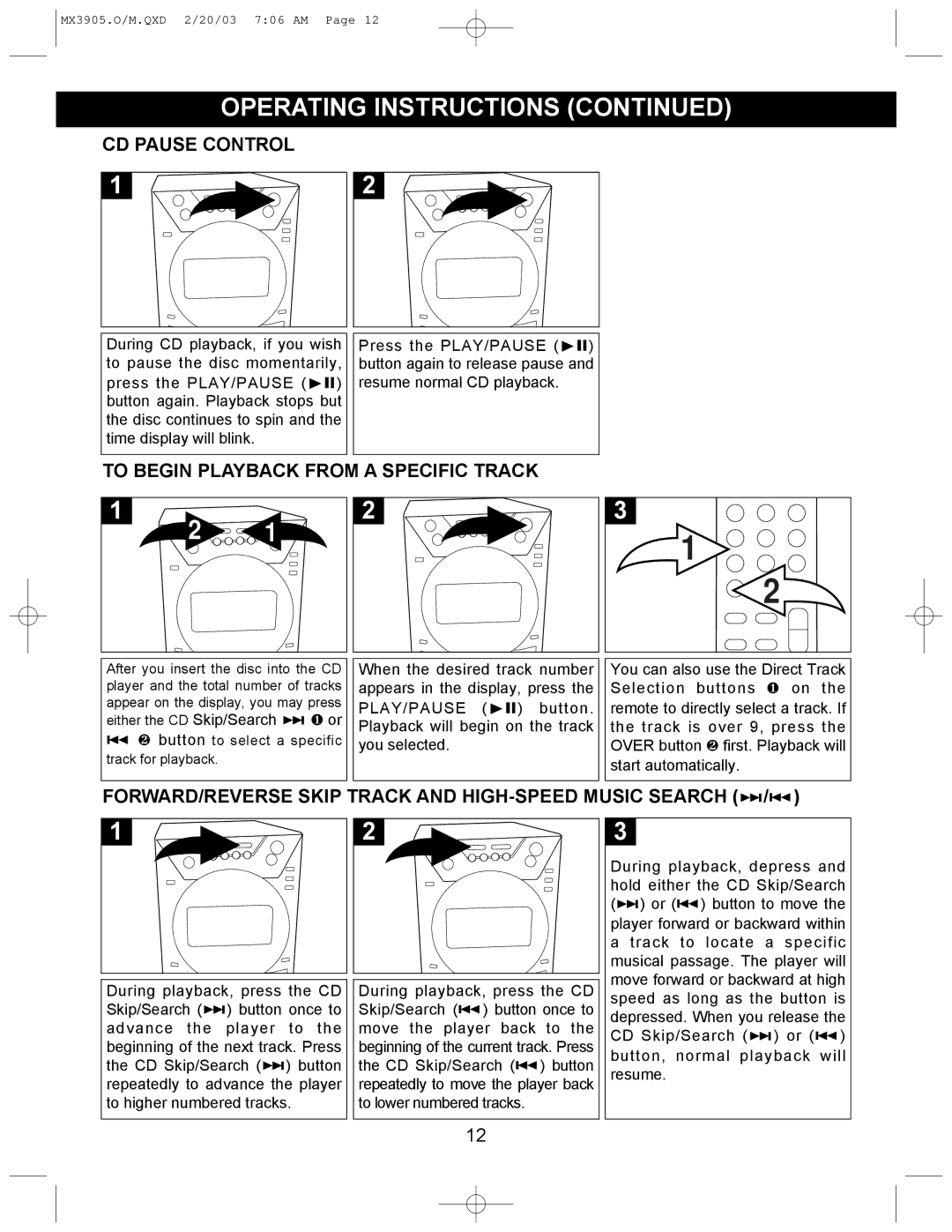 Memorex MX3905 manual CD Pause Control, To Begin Playback from a Specific Track 