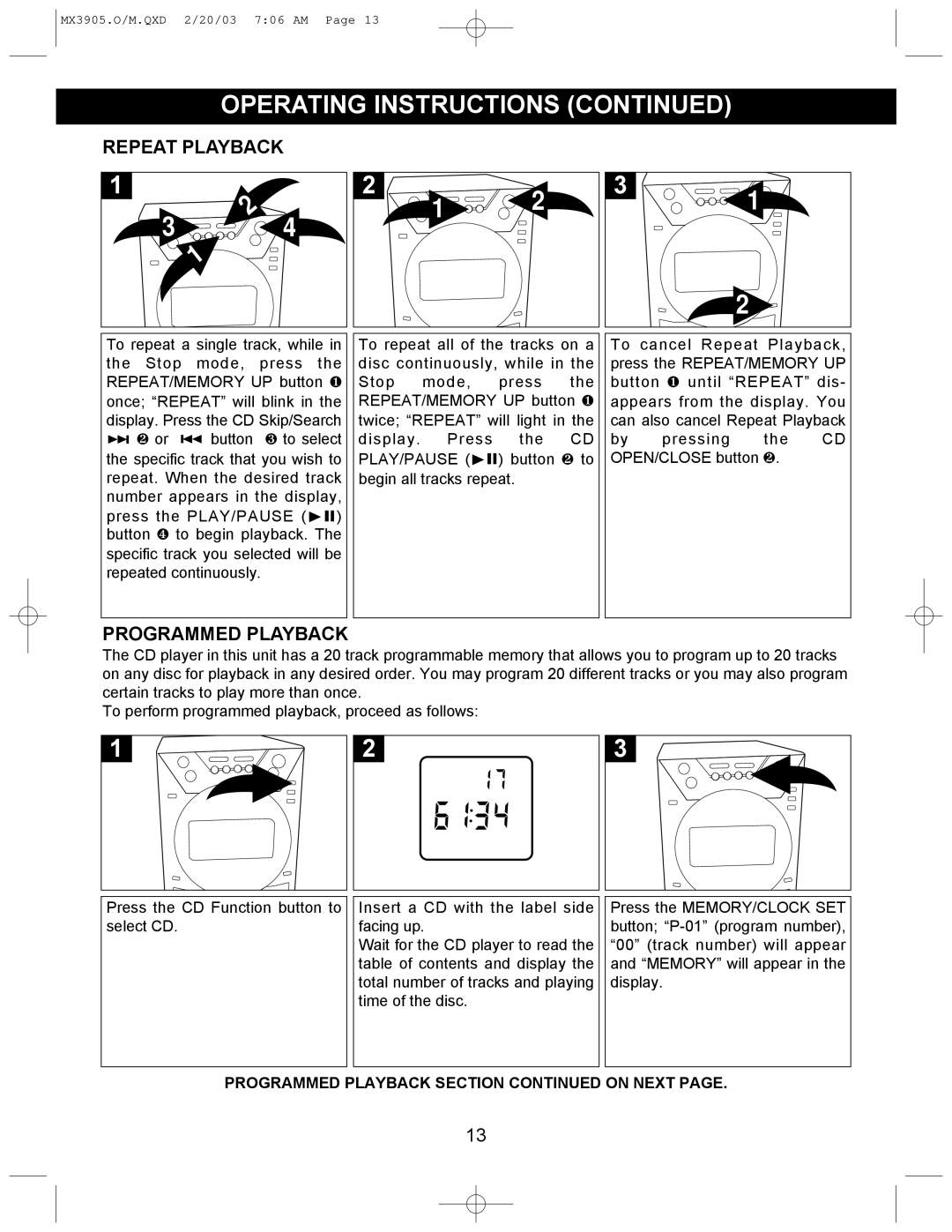 Memorex MX3905 manual Repeat Playback, Programmed Playback 