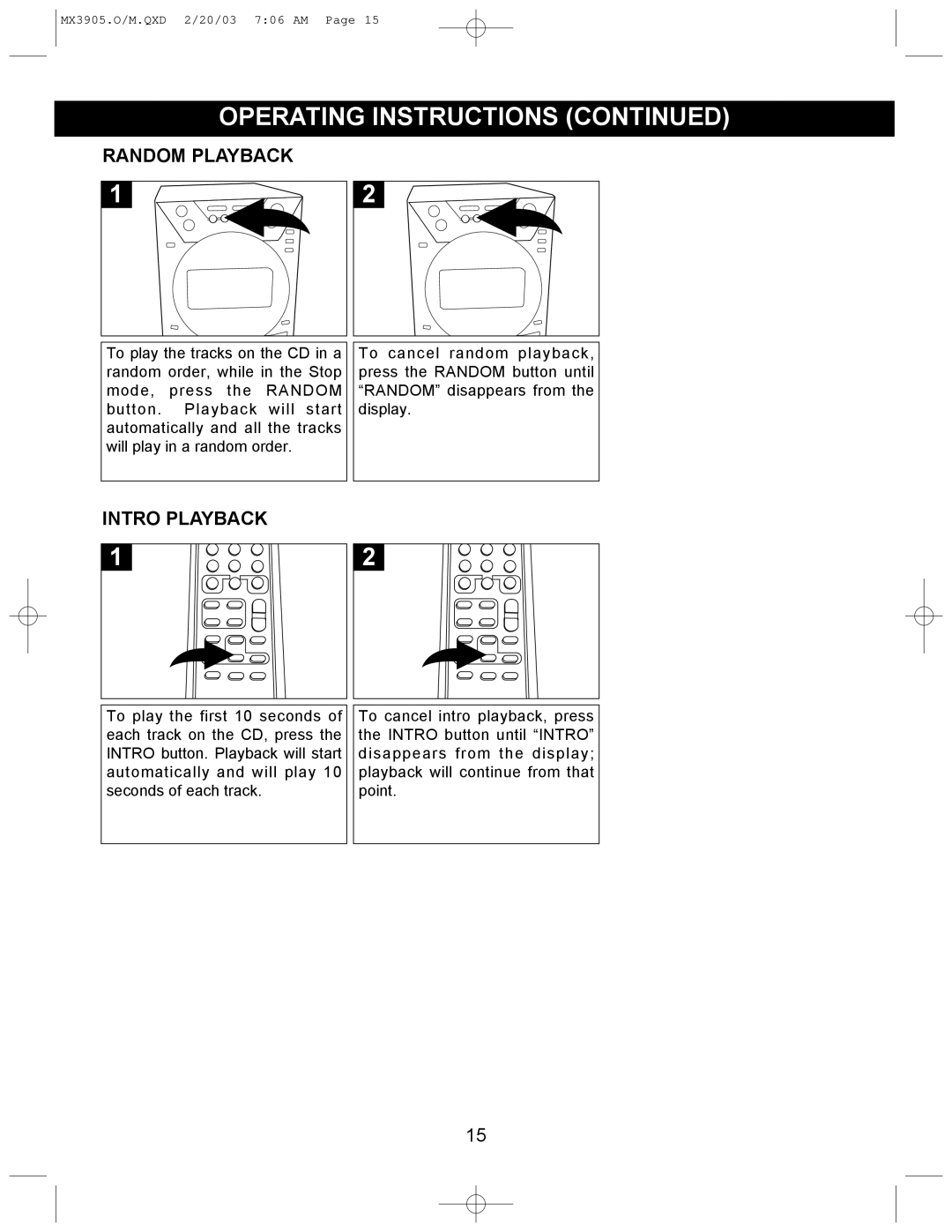 Memorex MX3905 manual Random Playback, Intro Playback 