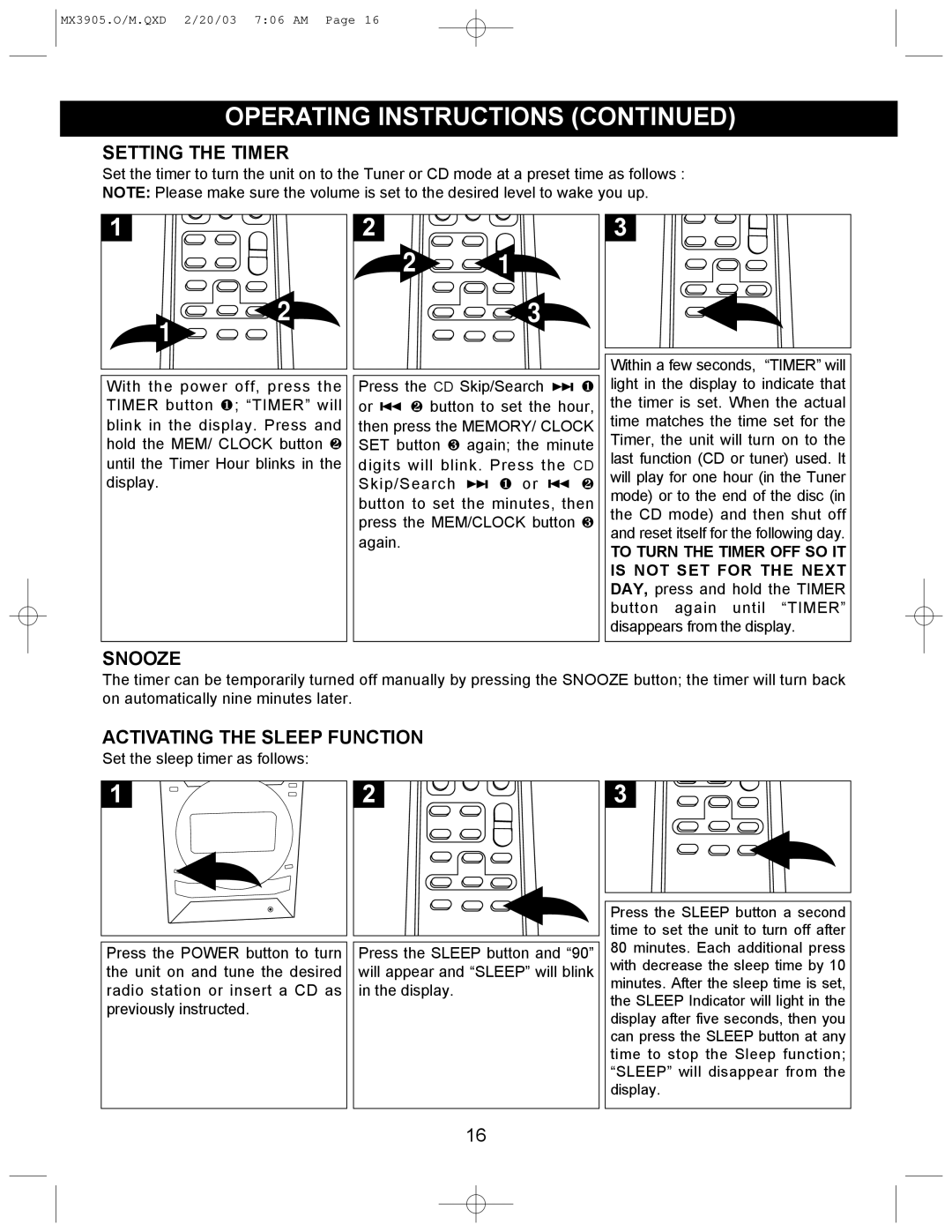 Memorex MX3905 manual Setting the Timer, Snooze, Activating the Sleep Function 