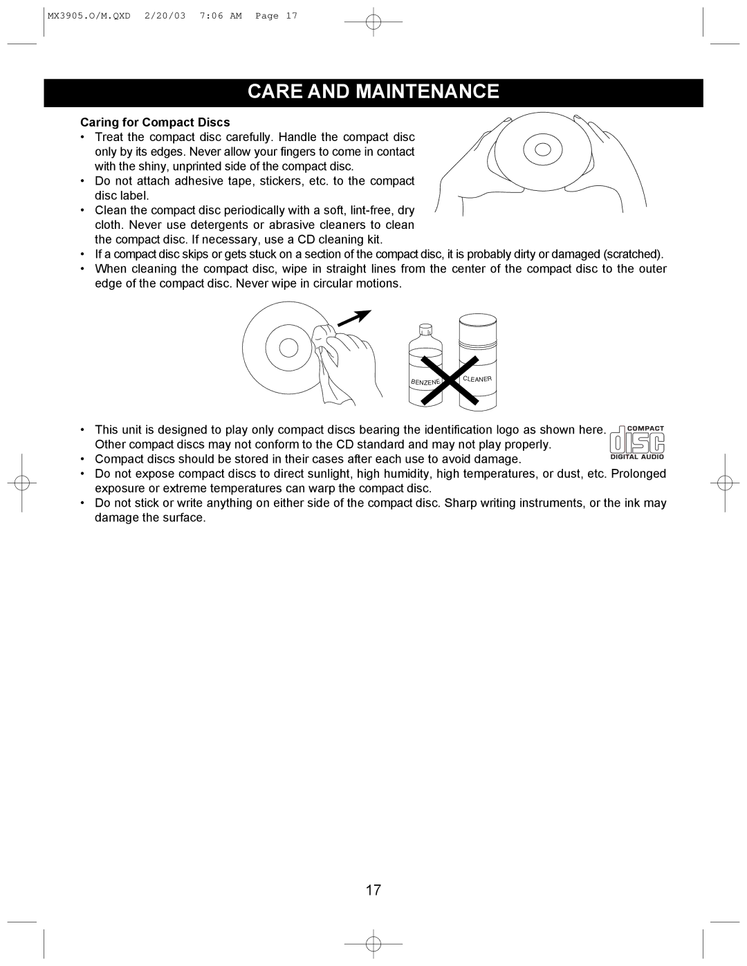 Memorex MX3905 manual Care and Maintenance, Caring for Compact Discs 