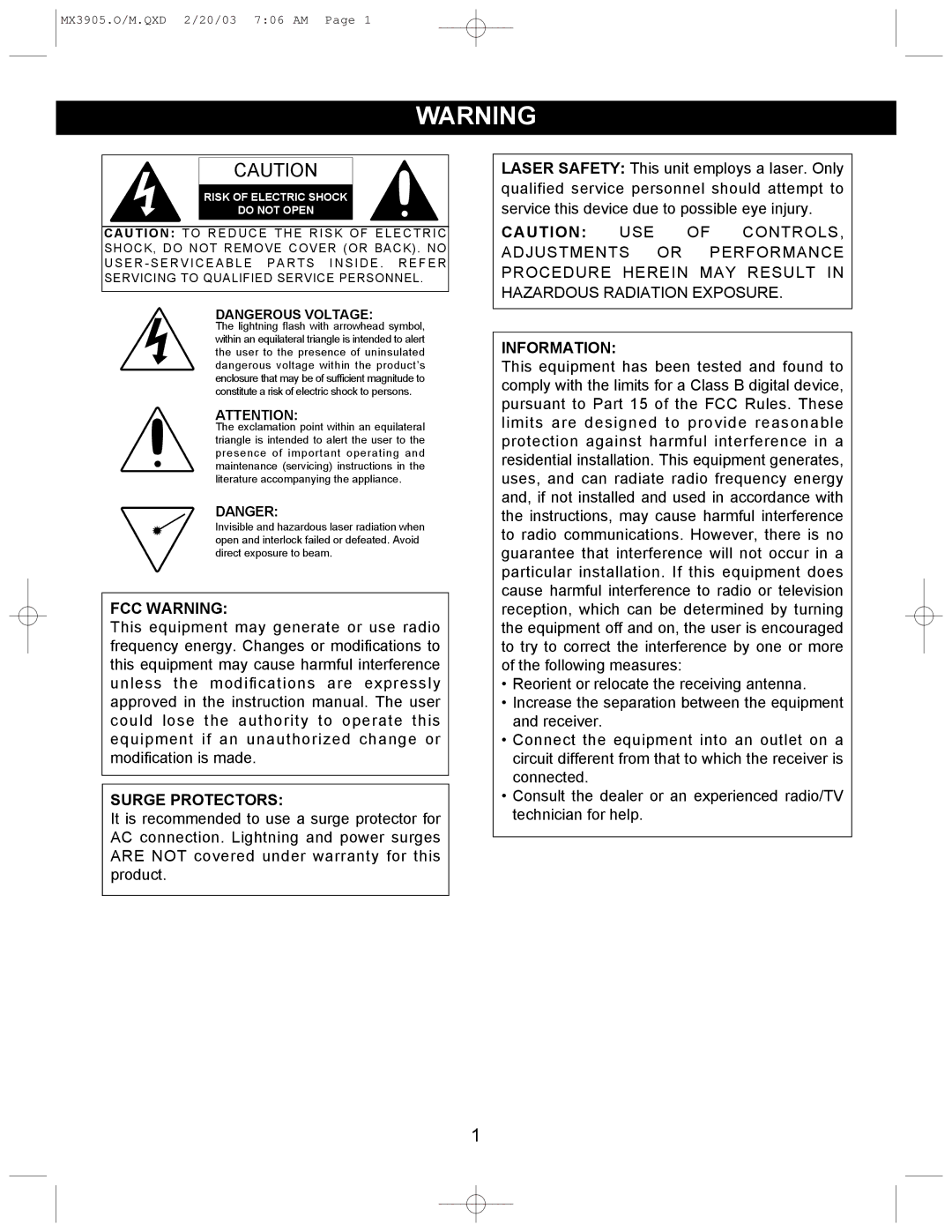 Memorex MX3905 manual FCC Warning Surge Protectors 