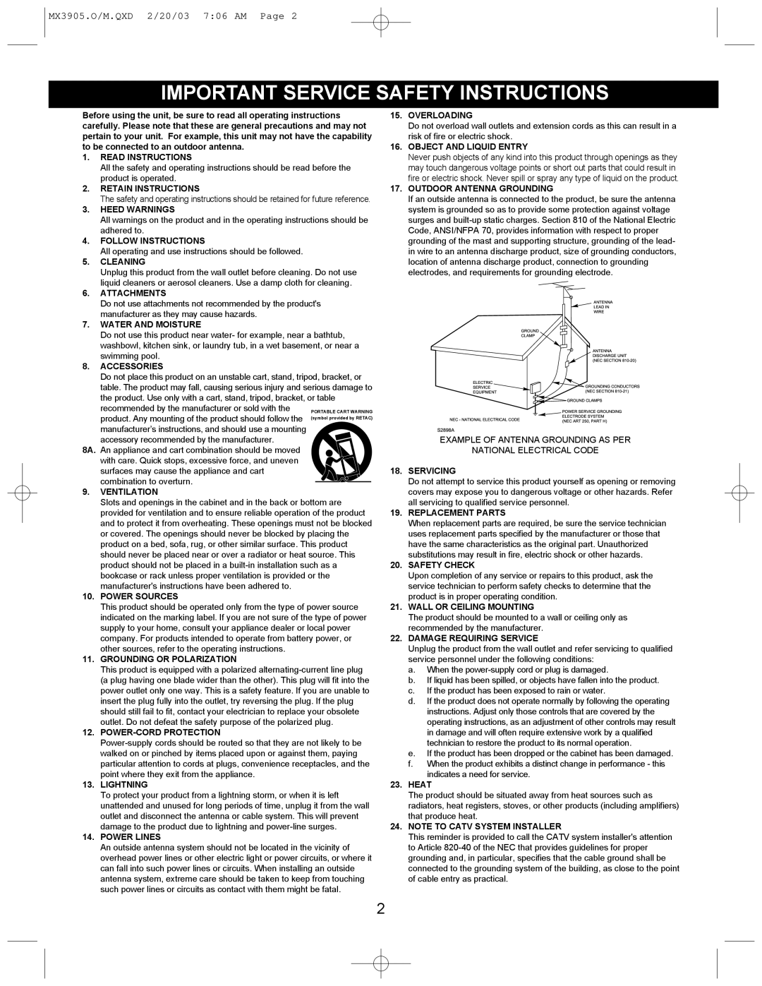 Memorex MX3905 manual Important Service Safety Instructions, Cleaning 