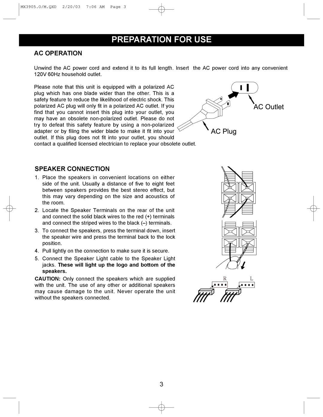 Memorex MX3905 manual Preparation for USE, AC Operation, Speaker Connection 