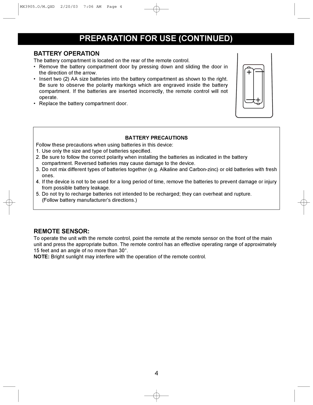 Memorex MX3905 manual Battery Operation, Remote Sensor 