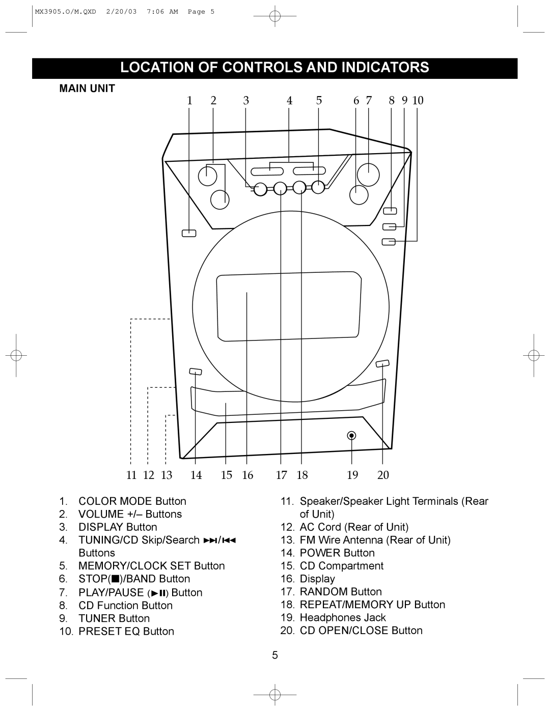 Memorex MX3905 manual Location of Controls and Indicators, Main Unit 