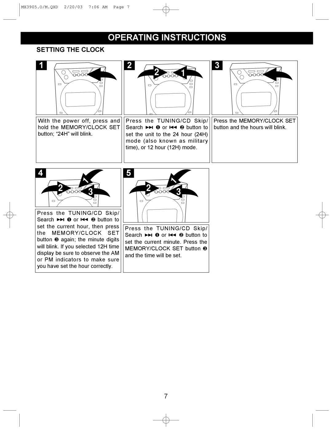 Memorex MX3905 manual Operating Instructions, Setting the Clock 