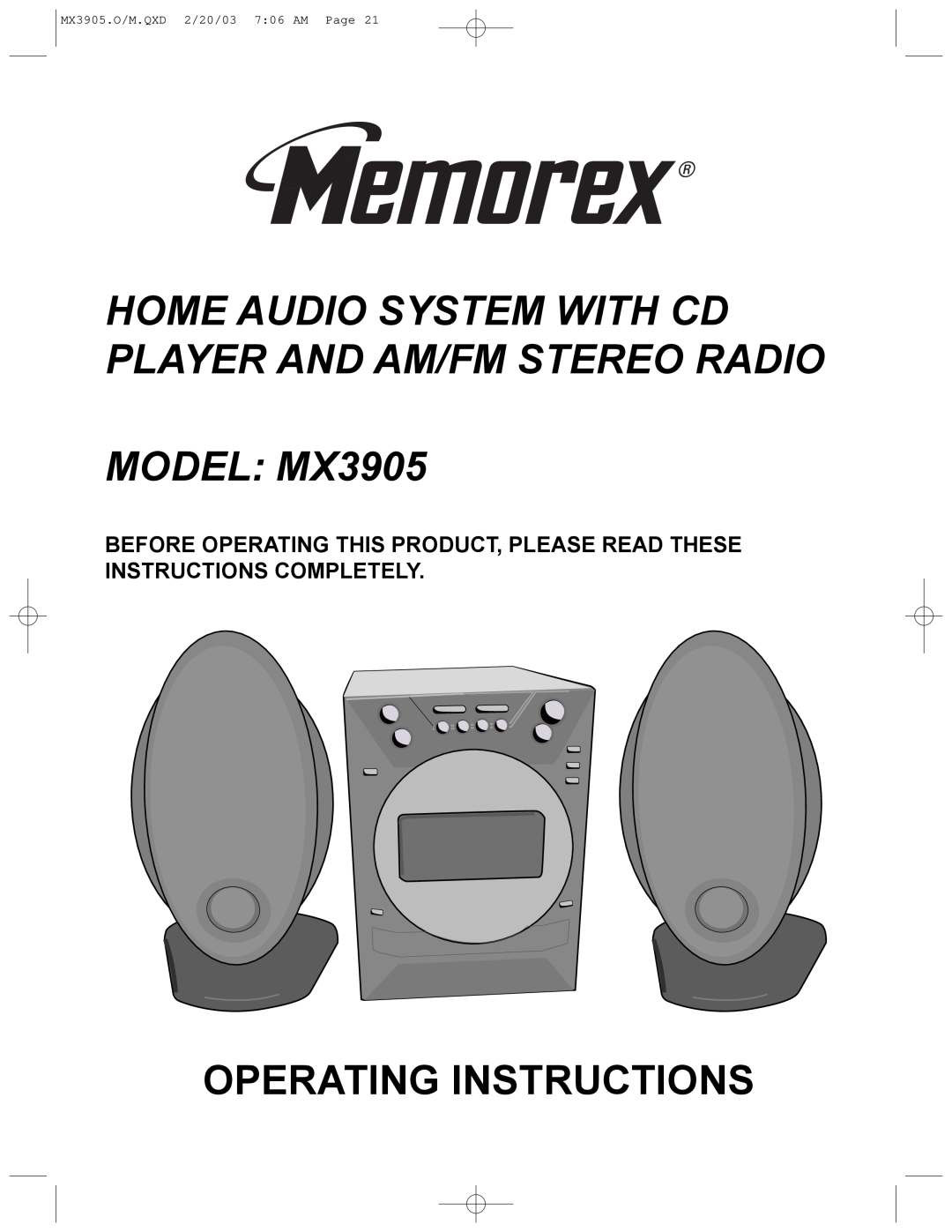 Memorex manual MODEL MX3905, Operating Instructions, MX3905.O/M.QXD 2/20/03 7 06 AM Page 