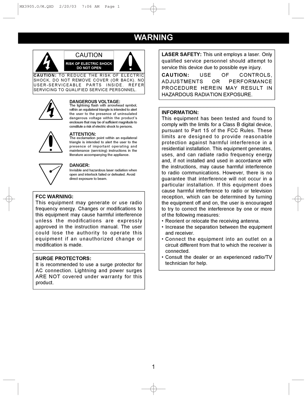 Memorex MX3905 manual Fcc Warning, Surge Protectors, Information 