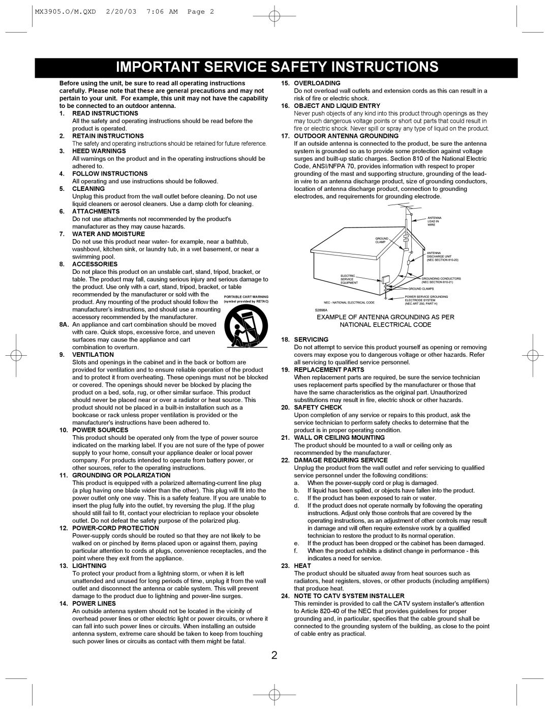 Memorex manual Important Service Safety Instructions, MX3905.O/M.QXD 2/20/03 7 06 AM Page 