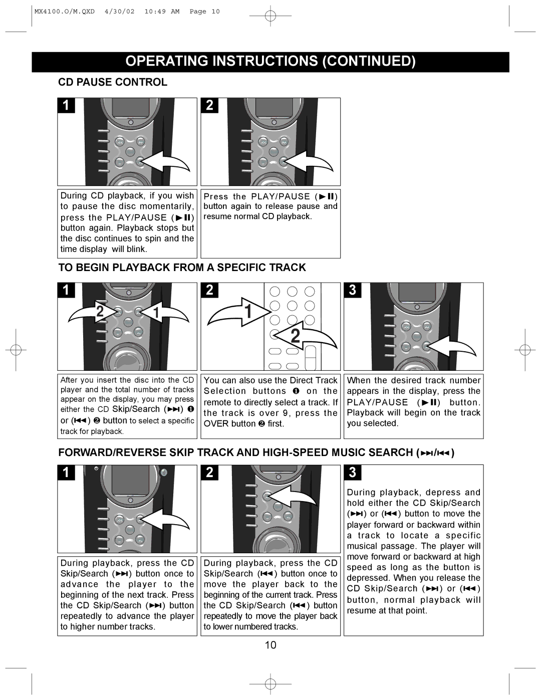 Memorex MX4100 manual CD Pause Control, To Begin Playback from a Specific Track 