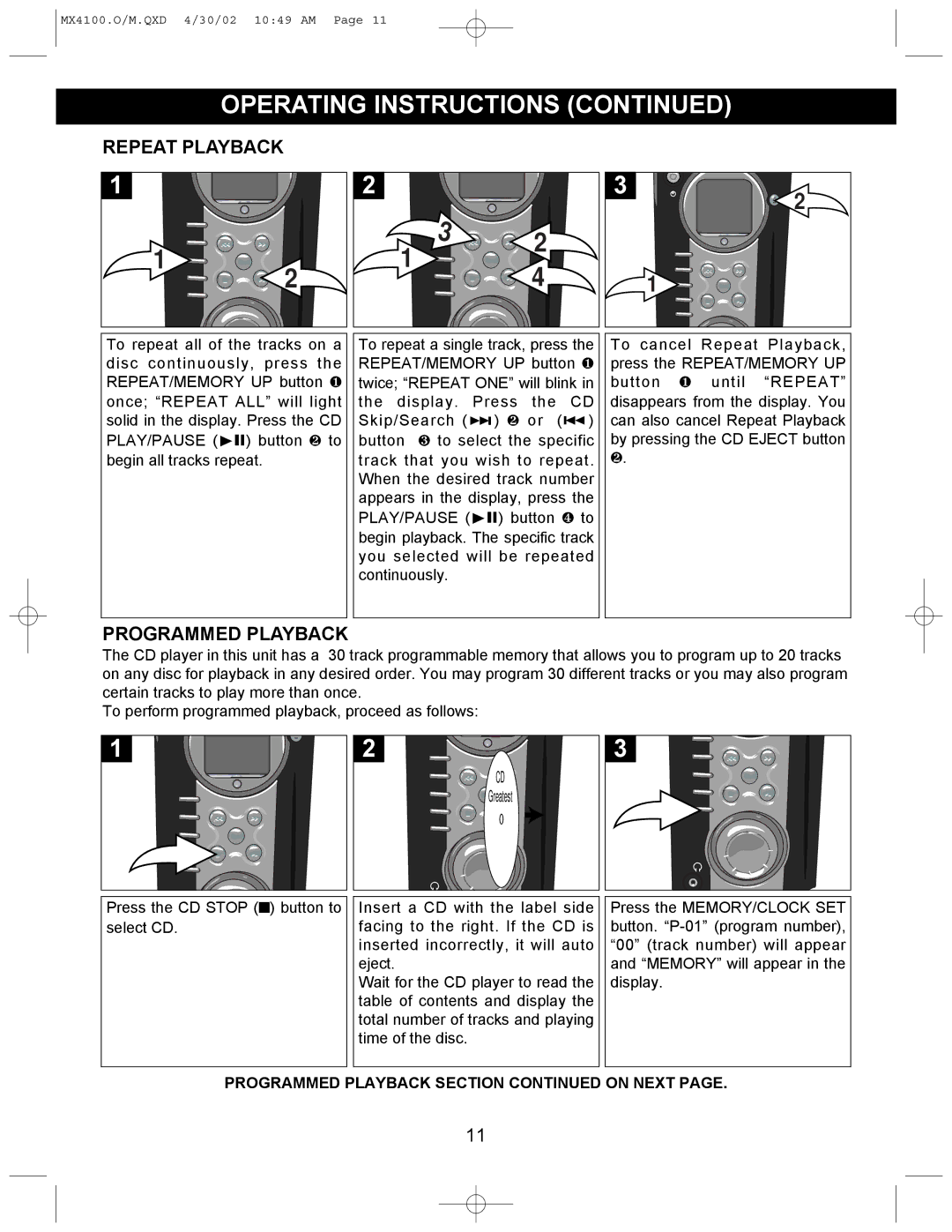 Memorex MX4100 manual Repeat Playback, Programmed Playback 