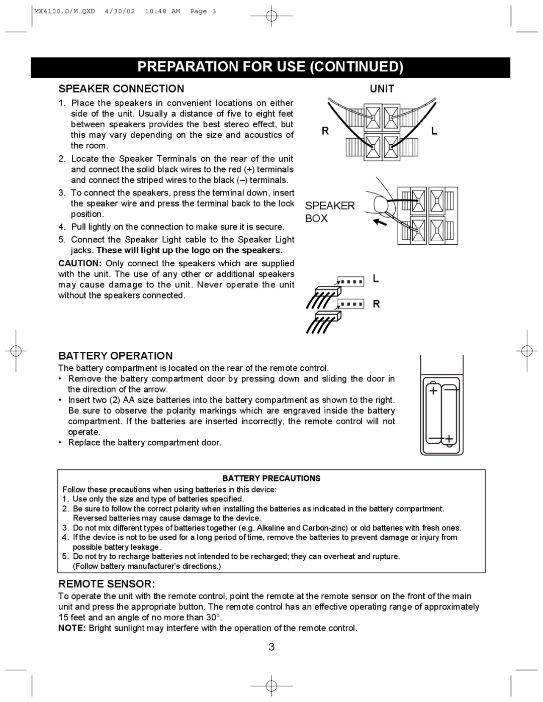 Memorex MX4100 manual Preparation for USE, Speaker Connection, Unit Battery Operation, Remote Sensor 