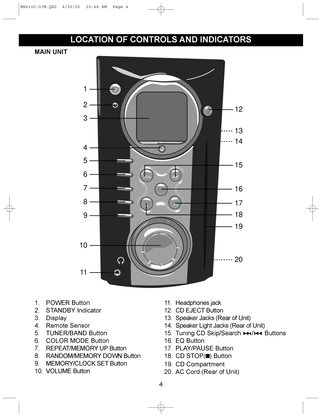 Memorex MX4100 manual Location of Controls and Indicators, Main Unit 