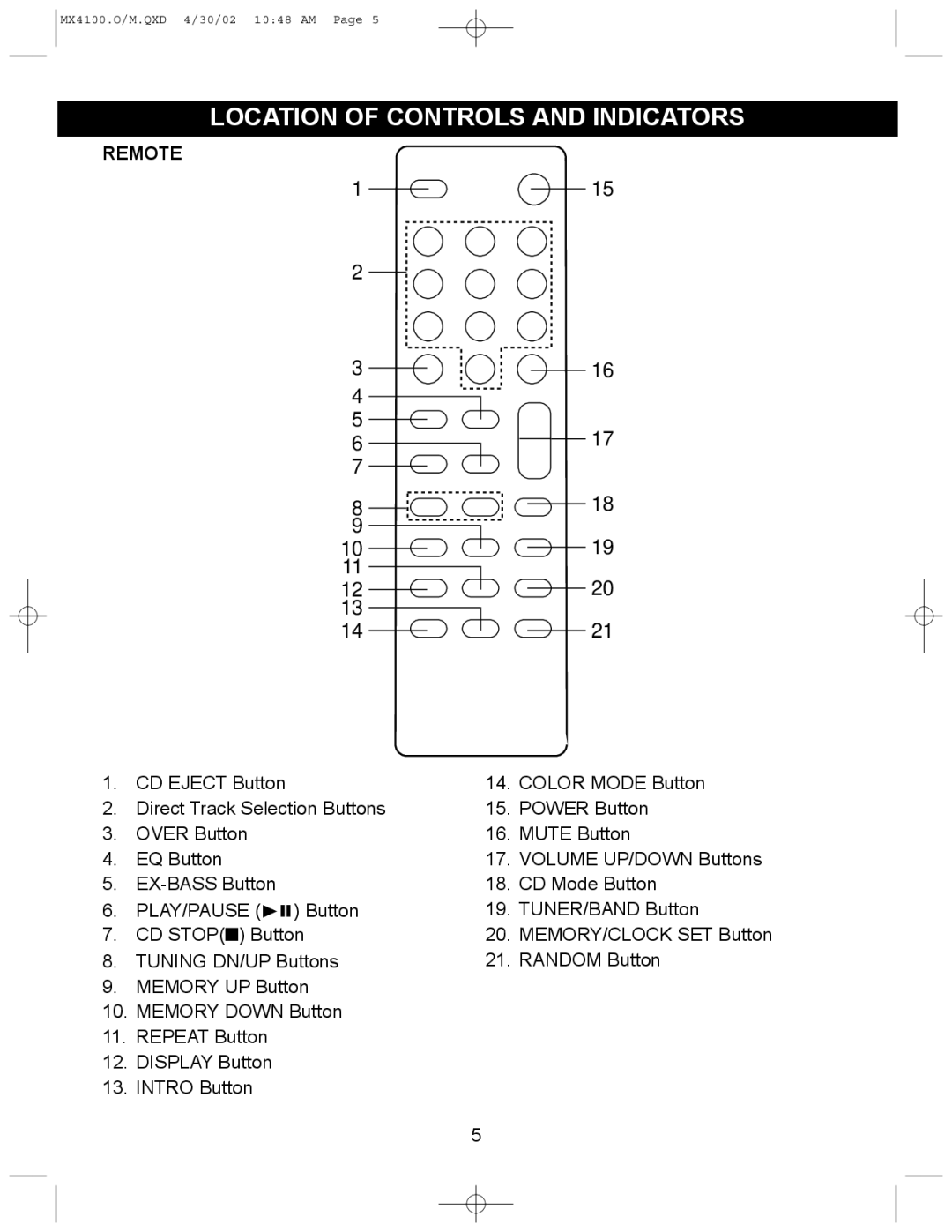 Memorex MX4100 manual Remote, PLAY/PAUSE ❿ 