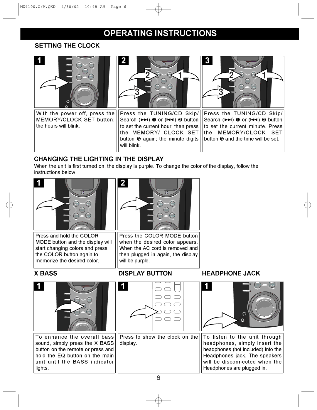 Memorex MX4100 manual Operating Instructions, Setting the Clock, Changing the Lighting in the Display, Bass Display Button 