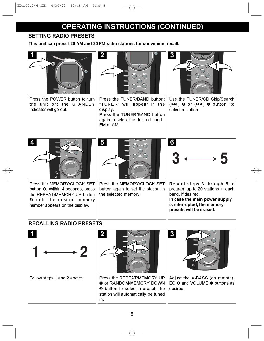 Memorex MX4100 manual Setting Radio Presets, Recalling Radio Presets 