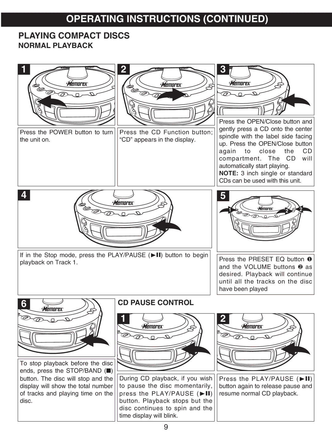 Memorex MX4107 manual Normal Playback, CD Pause Control 