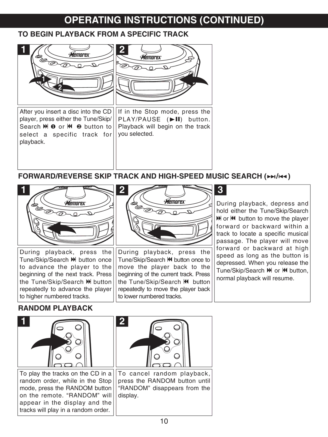 Memorex MX4107 manual To Begin Playback from a Specific Track, FORWARD/REVERSE Skip Track and HIGH-SPEED Music Search 