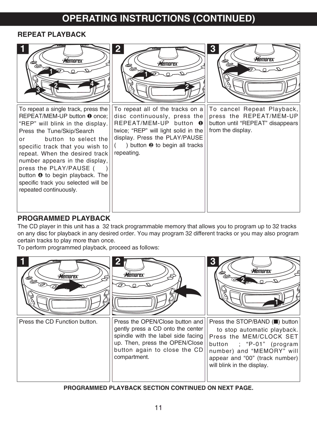 Memorex MX4107 manual Repeat Playback, Programmed Playback 