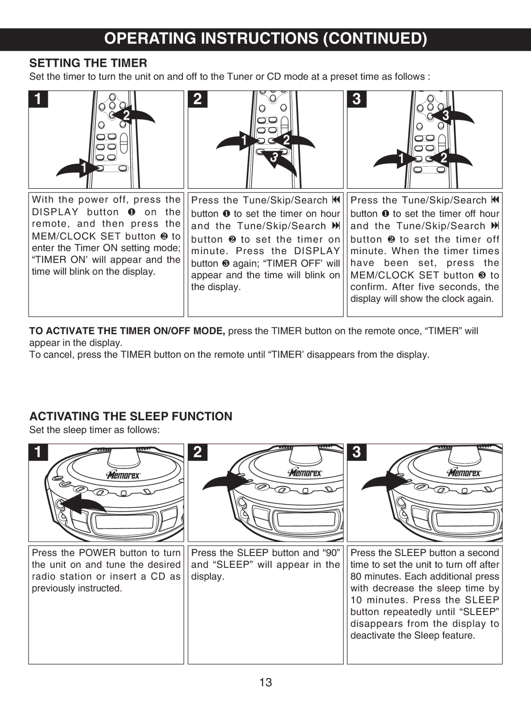 Memorex MX4107 manual Setting the Timer, Activating the Sleep Function 