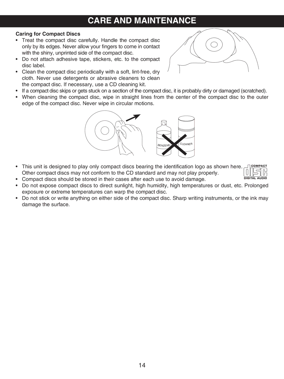 Memorex MX4107 manual Care and Maintenance, Caring for Compact Discs 