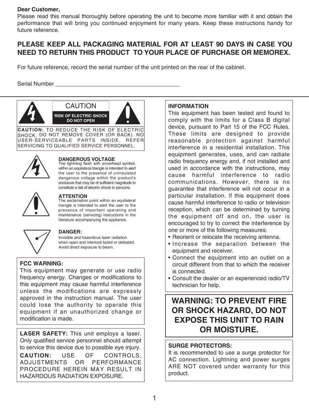 Memorex MX4107 manual Dear Customer, Risk of Electric Shock Do not Open 